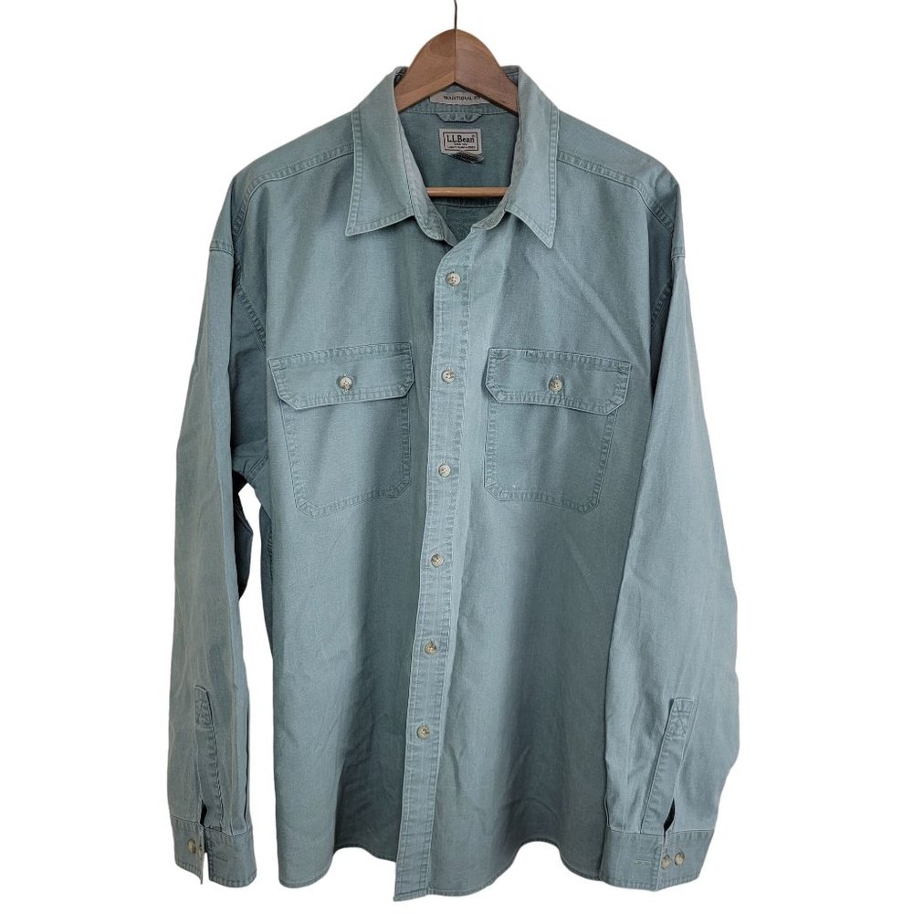 LL. Bean Utility Denim Button Down Shirt Men's size XL Green Double Chest Pocket